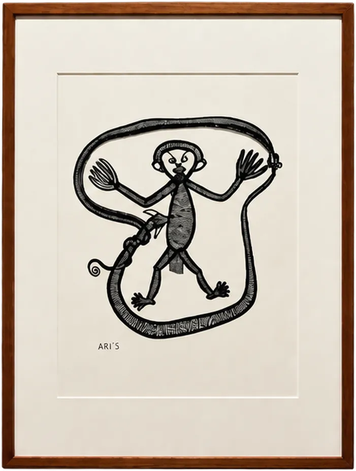 A framed black ink drawing of a figure with outstretched arms inside a long coiling snake-like form, signed Akis