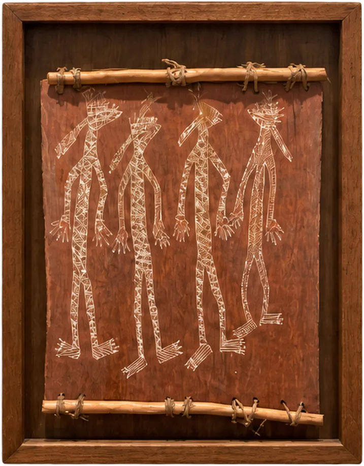 Four pale figures painted on dark bark, mounted in a wooden box frame