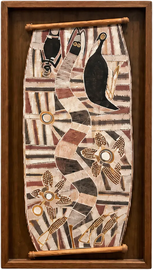 A tall bark painting with rarrk cross-hatching, a dark bird form and flower-like shapes, mounted in a wooden frame