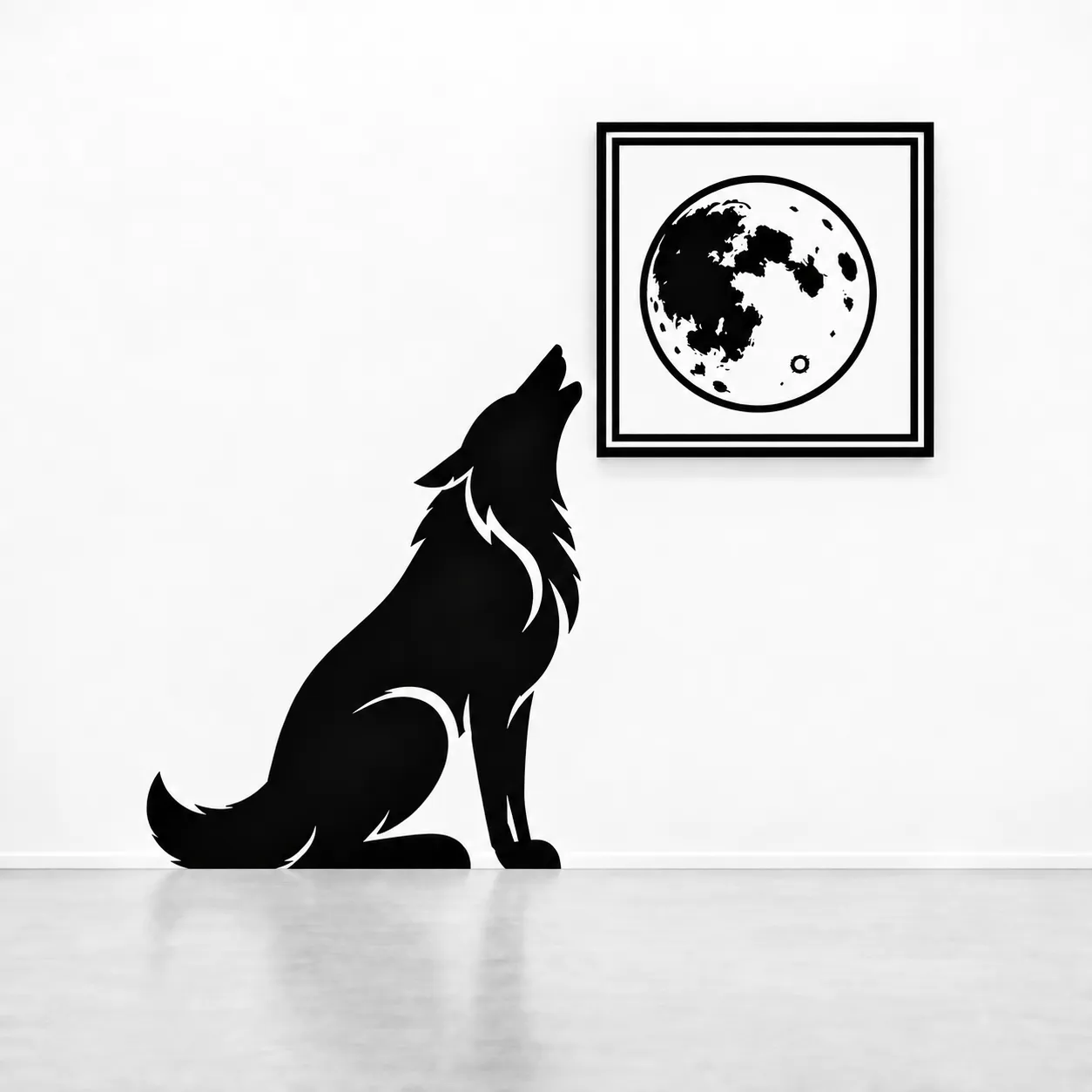 A black wolf silhouette sits on a gallery floor, howling at a framed full moon on the wall