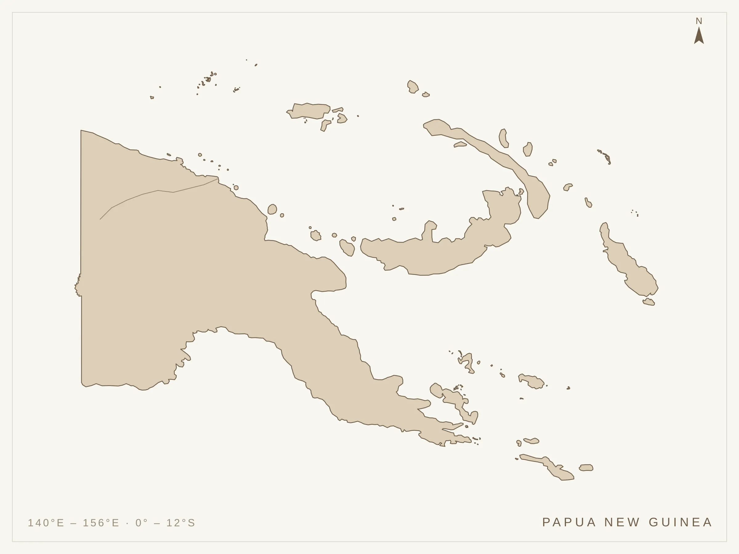An outline map of Papua New Guinea, its mainland and islands drawn in sand on a pale sheet, with the Sepik River marked
