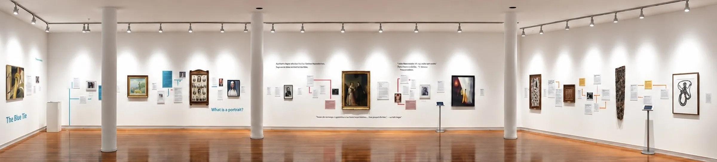The three white walls of the exhibition under track lighting, with The Blue Tie on the left, the portrait wall in the centre and the sago palm spathe panel on the right
