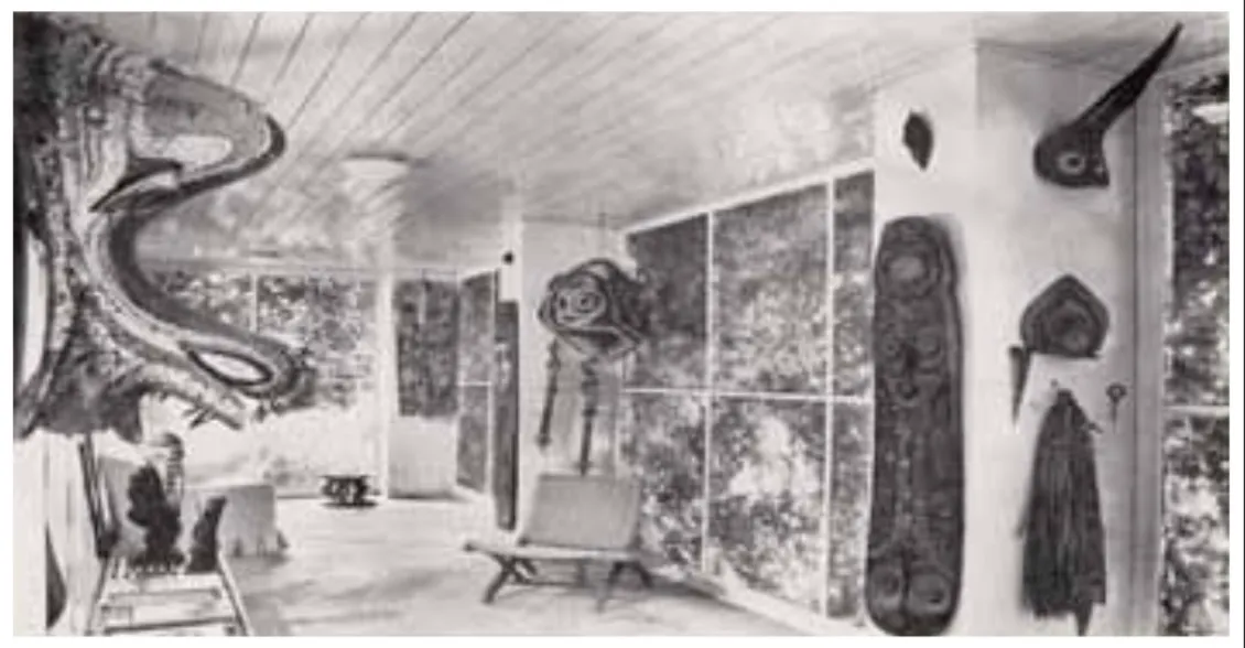 The entrance porch at Kildrummie, Margaret Carnegie's home, in 1966: painted panels, masks and carved figures from the Sepik hung among the furniture
