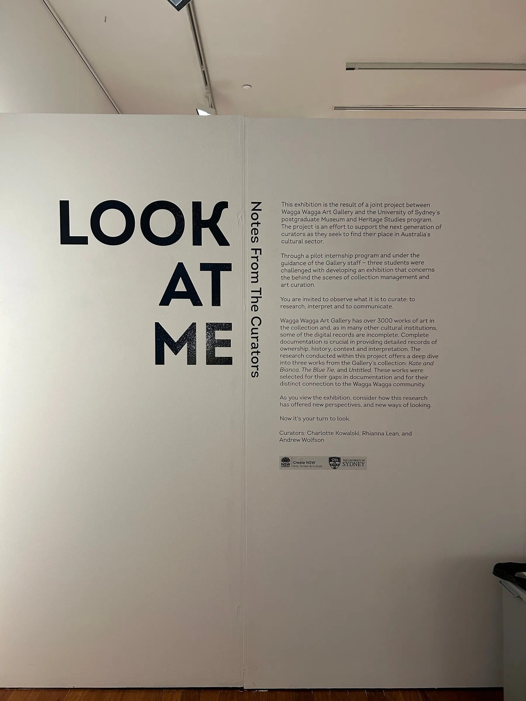 The exhibition title, Look at Me, in large black letters on a white wall beside a column of introductory text