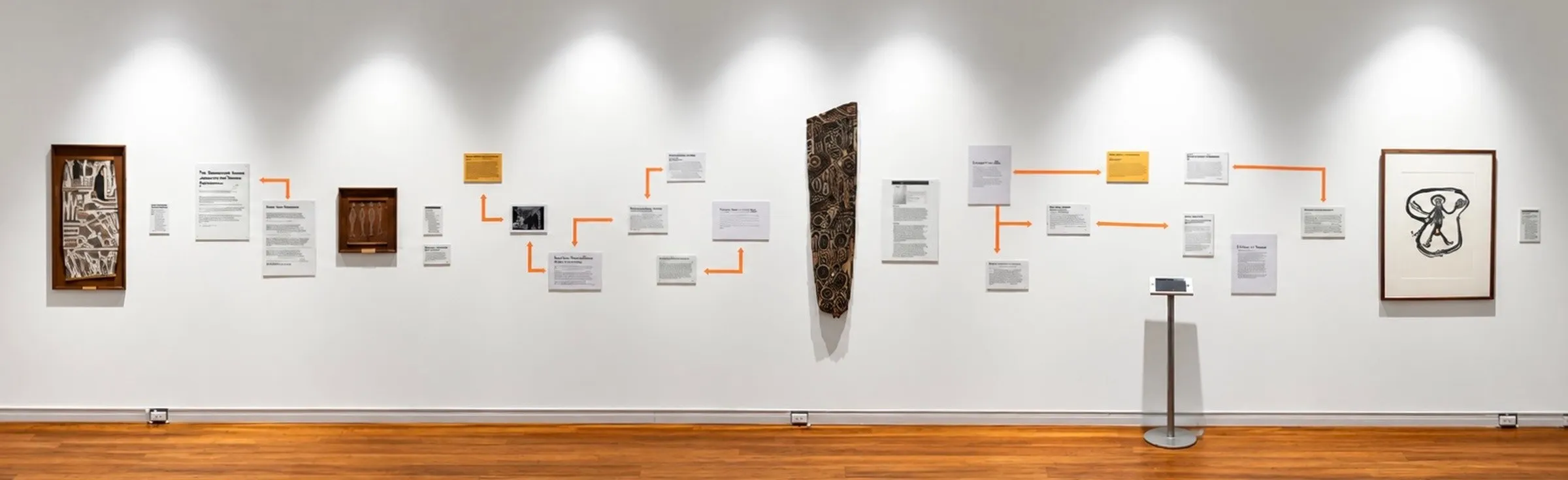 The Untitled wall: framed works, the sago palm spathe panel and a network of wall texts joined by orange arrows
